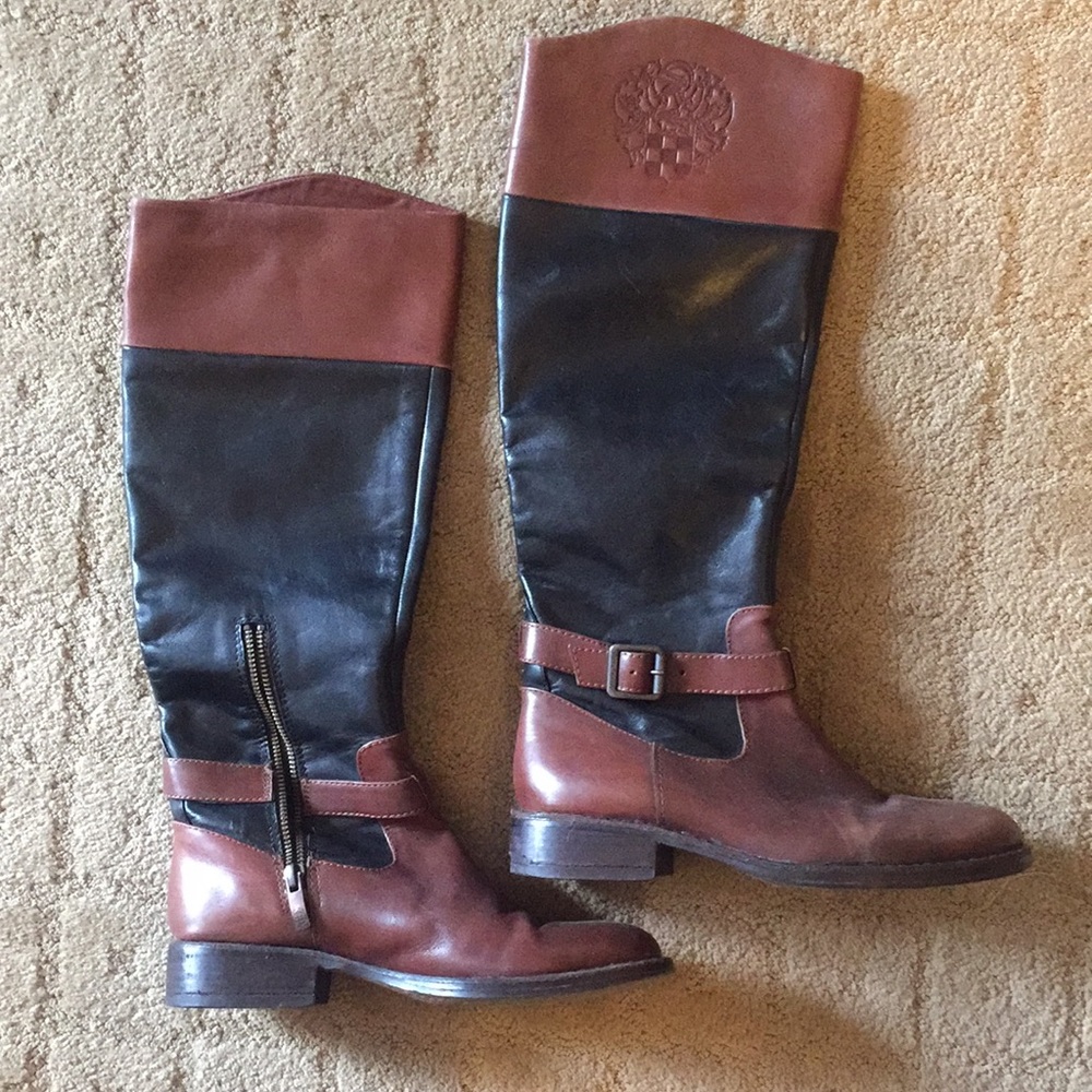 Vince Camuto Black and Brown Leather Riding Boots